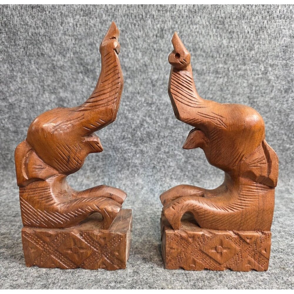 Hand-Carved Wooden Elephant Bookends Rustic Animal Design Decorative Set 7.5 in